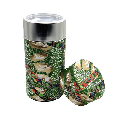 Noguchi Kumataro Tea Garden Large Capacity Tea Canister 200g, Yuzen Washi Design with Inner Lid - Adorned with Cranes and Fans, Stylish Japanese-made Container