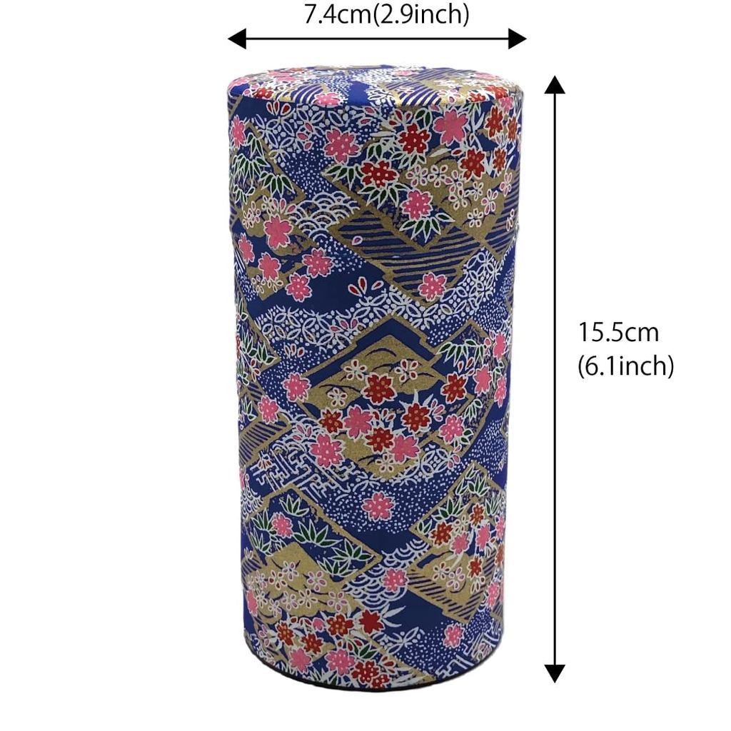 Noguchi Kumataro Tea Garden Large Capacity Tea Canister 200g with Inner Lid, Decorated with Yuzen Washi, Cherry Blossom Design, Stylish and Made in Japan