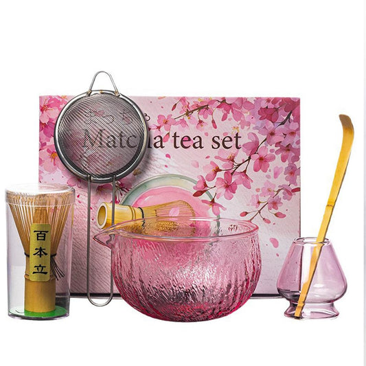 MiniMood 596ml Matcha Bowl Set, 5pc Glass Tea Ceremony Kit, Pink, Whisk, Scoop, Strainer, Stand