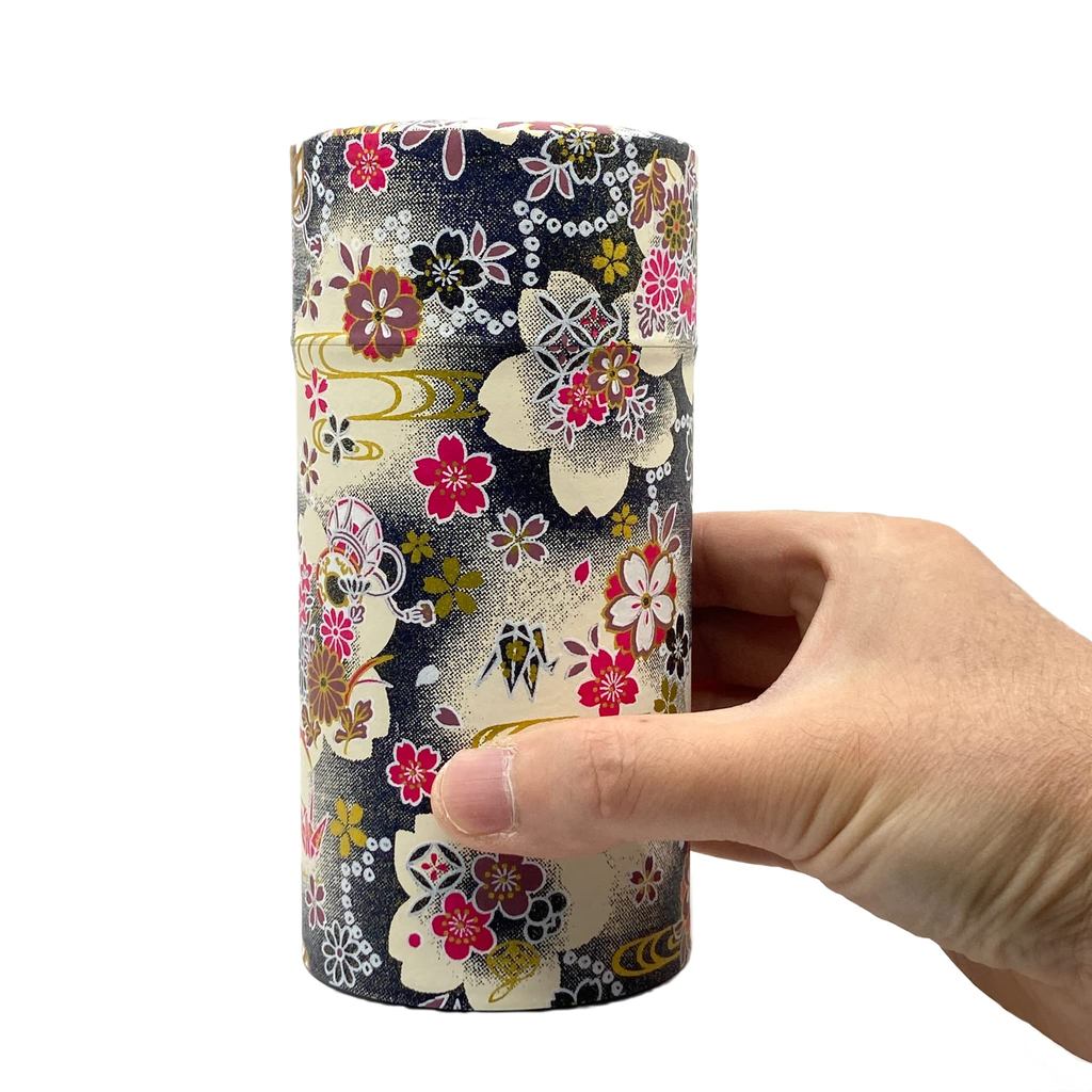 Noguchi Kumataro Tea Garden Large Tea Canister 200g with Inner Lid, Stylish Washi Paper Design, Dark Blue and Black, Made in Japan