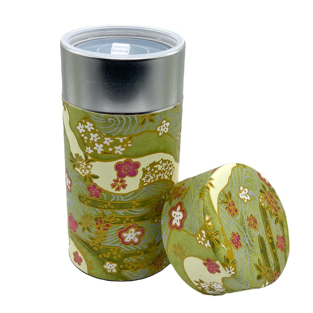 Naguchi Kumataro Tea Garden Large Capacity Tea Canister 200g with Interior Lid, Washi Paper Design, Seasonal Colors, Stylish Japanese Made Tea Storage Container.