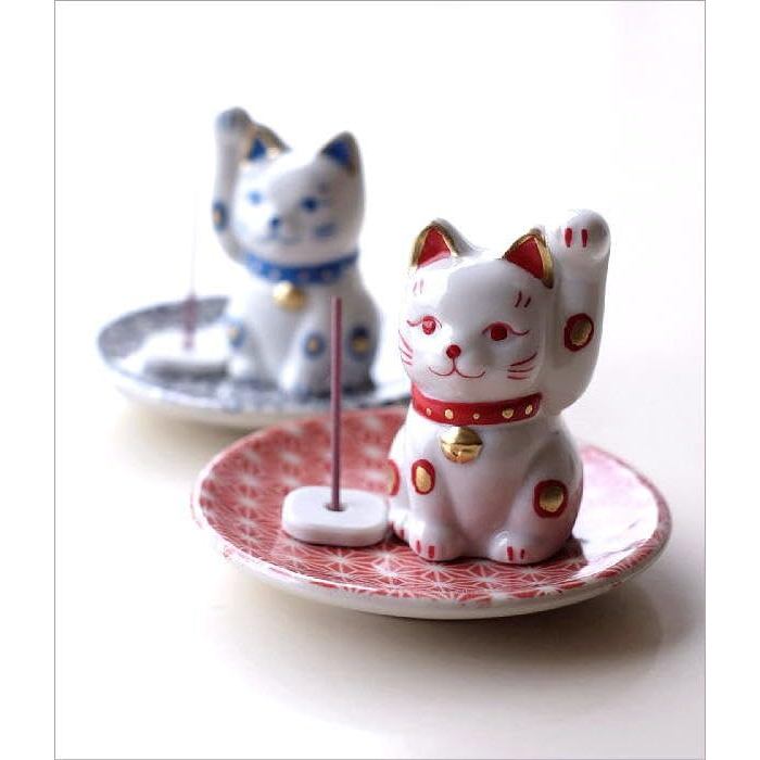 Seto-Yaki Ceramic Cat Incense Holder with Small Maneki-Neko Dish — Cute Palm-Sized Japanese Incense Burner