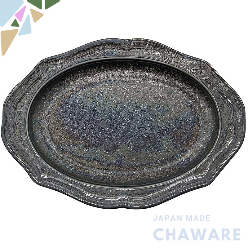 Mino Ware "Cadre" Oval Relief Ceramic Plate – Microwave-Safe, Made in Japan