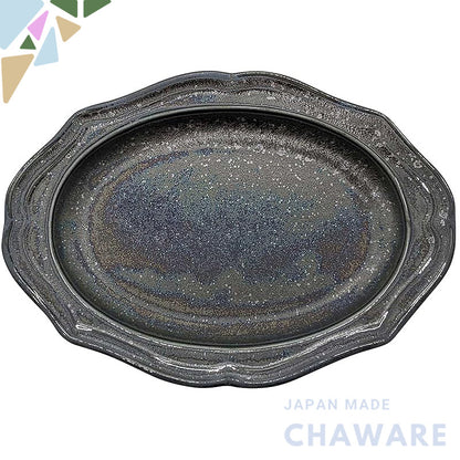 Mino Ware "Cadre" Oval Relief Ceramic Plate – Microwave-Safe, Made in Japan