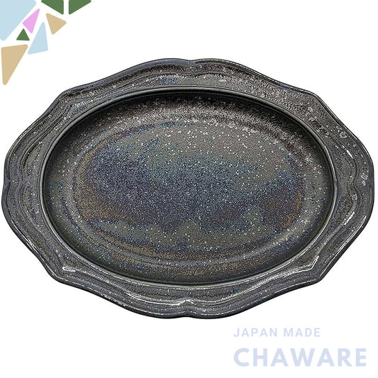 Mino Ware "Cadre" Oval Relief Ceramic Plate – Microwave-Safe, Made in Japan