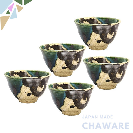 Seto-yaki Japanese High-Footed Ceramic Sencha Cups – 5-Piece Set (Approx. 130–150ml) Made in Japan