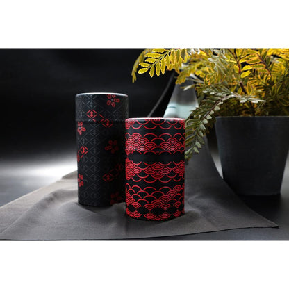 Noguchi Kumataro Tea Garden Tea Canister 150g, Japanese Paper Decorated, with Inner Lid, Kamakura Engraving, Wave Pattern, Black, Stylish Japanese Craftsmanship
