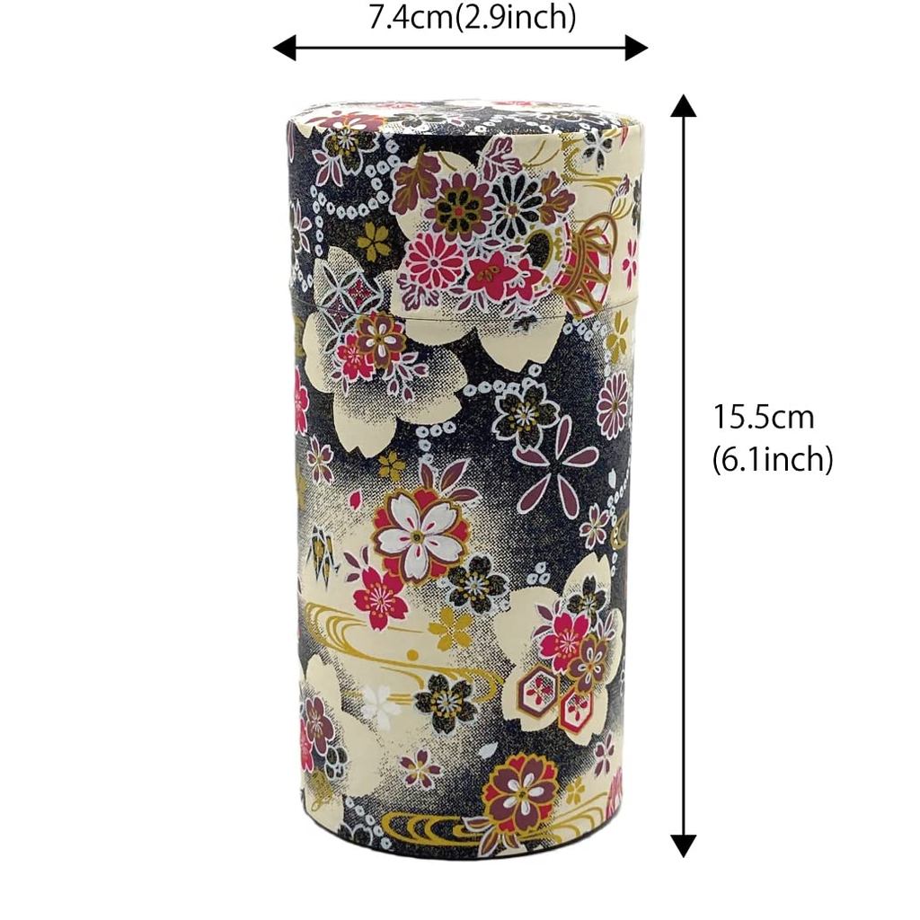 Noguchi Kumataro Tea Garden Large Tea Canister 200g with Inner Lid, Stylish Washi Paper Design, Dark Blue and Black, Made in Japan