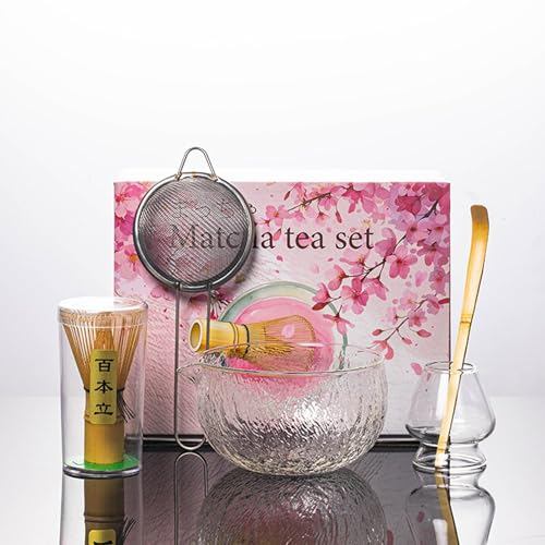 MiniMood Matcha Tea Set 5pcs Transparent Glass Bowl 500ml Bamboo Whisk Scoop Strainer Stand Beginner