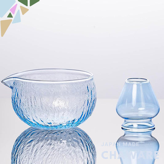 MiniMood Matcha Bowl Set, Heat-Resistant Glass Chawan, Tea Whisk Holder, Blue Hammered Finish, 450ml