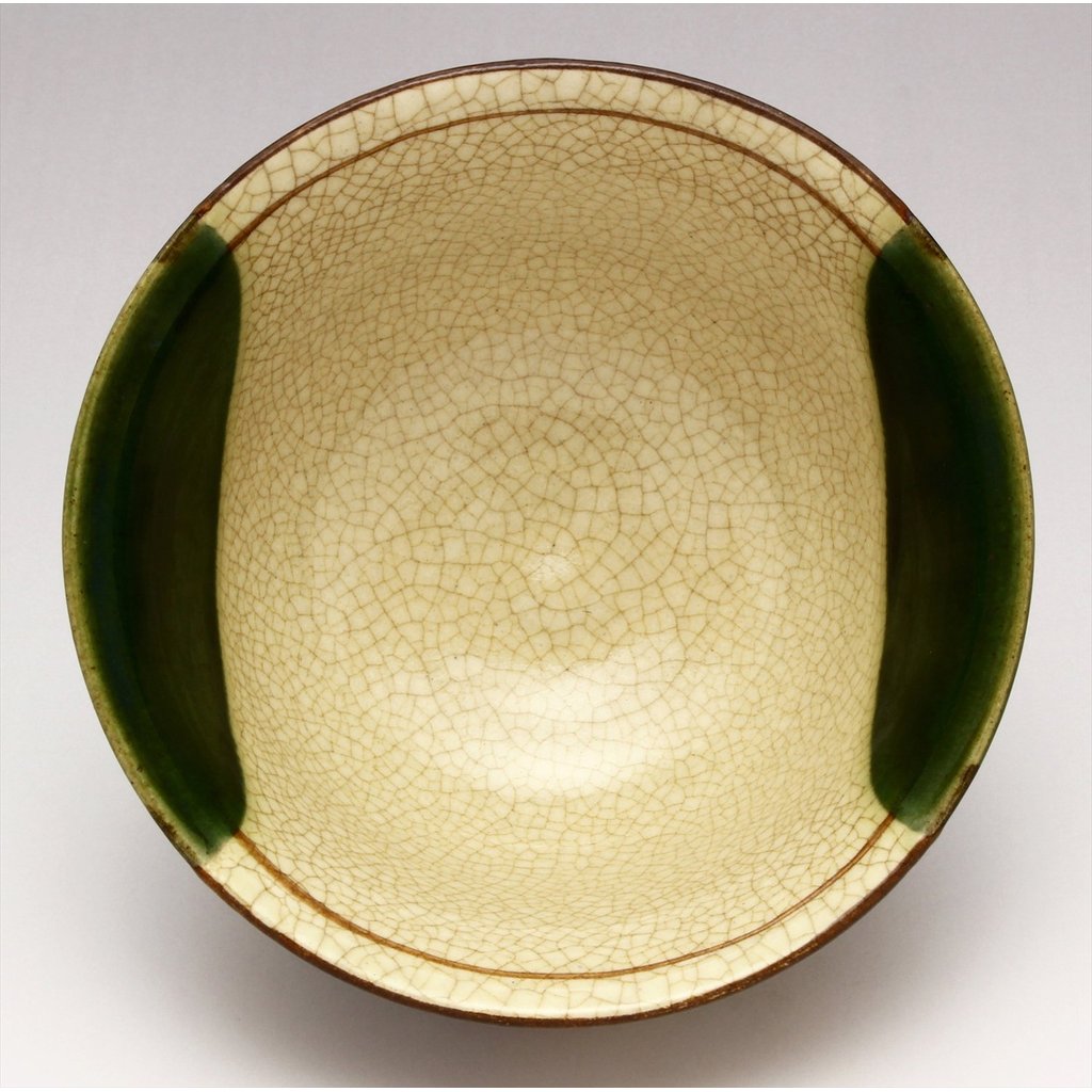 Seto Ware "Kato Rokubei" Oribe Window-and-Crane Ceramic Rice Bowl & Teacup - Made in Japan