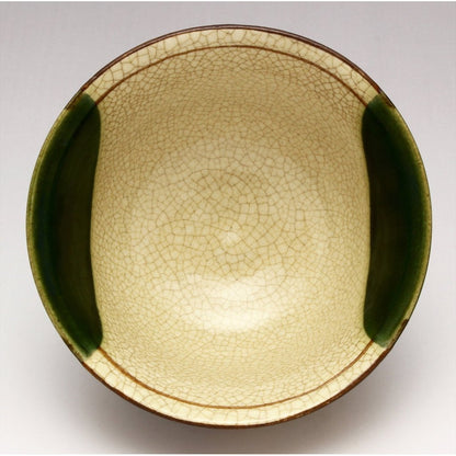 Seto Ware "Kato Rokubei" Oribe Window-and-Crane Ceramic Rice Bowl & Teacup - Made in Japan