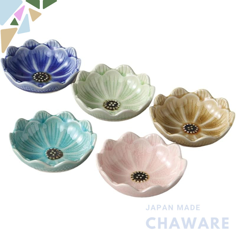 Ale-net Mino Ware Daisy Flower-Shaped Small Ceramic Dishes – 5-Piece Multicolor Set (9.3×2.9 cm) Made in Japan