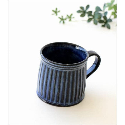 Small Seto-yaki Ceramic Mug, Japan-made, Ridged Glaze, Microwave & Dishwasher Safe, Blue Rococo
