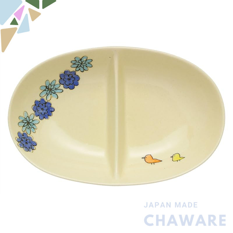 SOUSEN Kiln 18cm Medium Plate Blue - Seto-yaki Two-Compartment Divided Dish with Bird Pattern