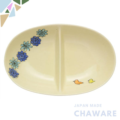 SOUSEN Kiln 18cm Medium Plate Blue - Seto-yaki Two-Compartment Divided Dish with Bird Pattern