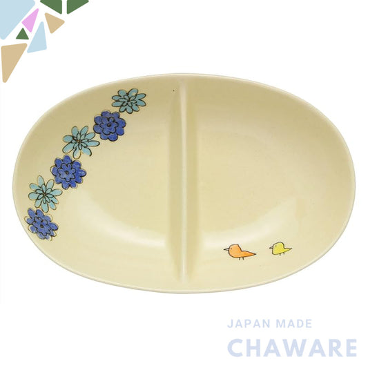 SOUSEN Kiln 18cm Medium Plate Blue - Seto-yaki Two-Compartment Divided Dish with Bird Pattern