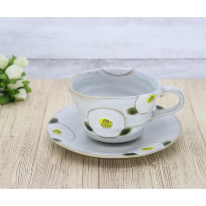 Craftsman House Seto-yaki Mug & Saucer Coffee Cup Set - White Camellia, Japanese Pottery