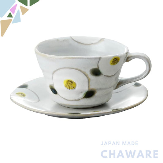 Craftsman House Seto-yaki Mug & Saucer Coffee Cup Set - White Camellia, Japanese Pottery