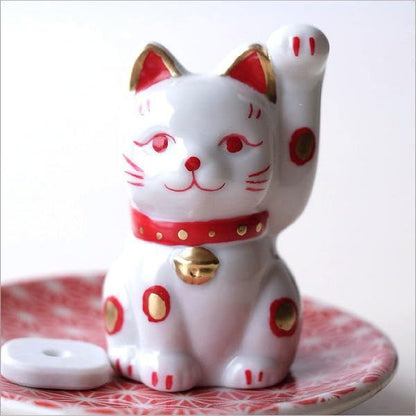 Seto-Yaki Ceramic Cat Incense Holder with Small Maneki-Neko Dish — Cute Palm-Sized Japanese Incense Burner