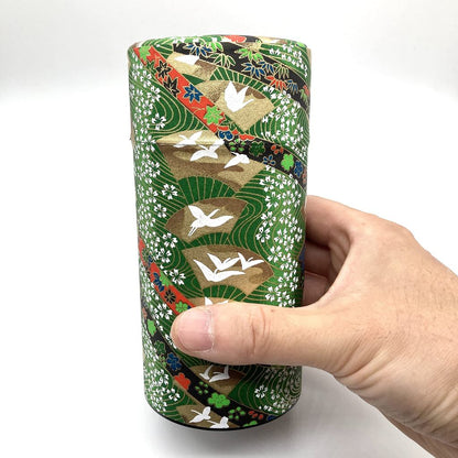 Noguchi Kumataro Tea Garden Large Capacity Tea Canister 200g, Yuzen Washi Design with Inner Lid - Adorned with Cranes and Fans, Stylish Japanese-made Container