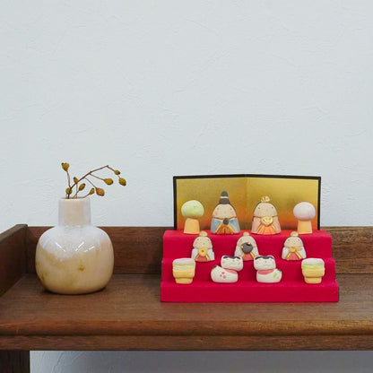 Fukubeya Seto-yaki Compact Three-Tier Mini Hina Doll Display with Gold Screen, Ceramic Made in Japan