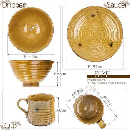 Handmade Japanese Seto Ware Ceramic Coffee Cup & Dripper Set - Yellow Kiseto Porcelain Gift