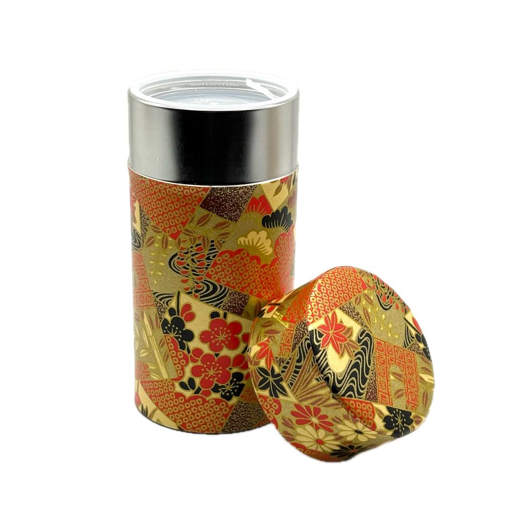 Noguchi Kumataro Tea Garden Large Capacity 200g Tea Canister with Inner Lid, Gold Sunset Design, Made in Japan, Stylish and Elegant Japanese Washi Paper Wrapped.