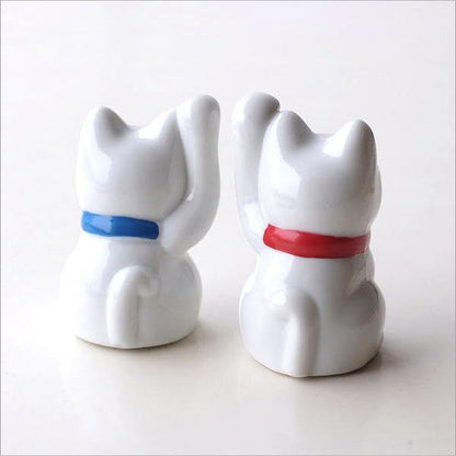 Seto-Yaki Ceramic Cat Incense Holder with Small Maneki-Neko Dish — Cute Palm-Sized Japanese Incense Burner