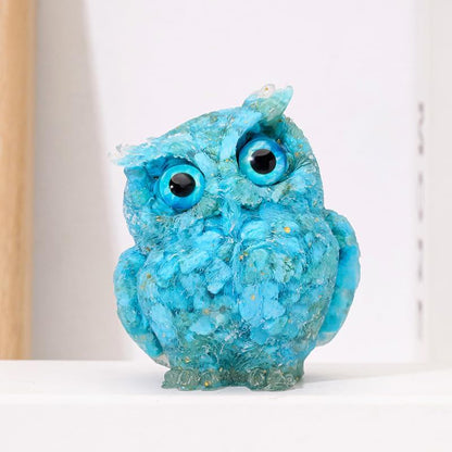 Natural Quartz Chip Resin Owl Figurine, Green/Blue/Yellow Desktop Home Decor – 7.5×6.5 cm & 4×5 cm