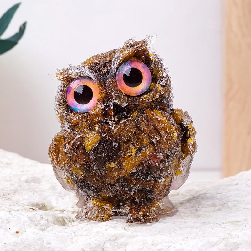 Natural Quartz Chip Resin Owl Figurine, Green/Blue/Yellow Desktop Home Decor – 7.5×6.5 cm & 4×5 cm