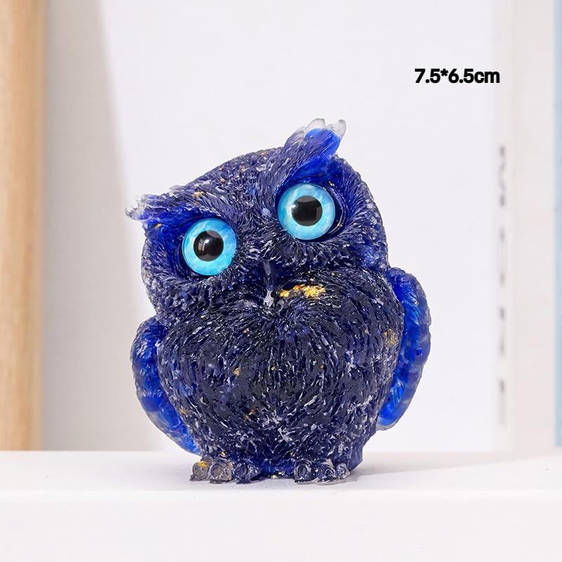 Natural Quartz Chip Resin Owl Figurine, Green/Blue/Yellow Desktop Home Decor – 7.5×6.5 cm & 4×5 cm