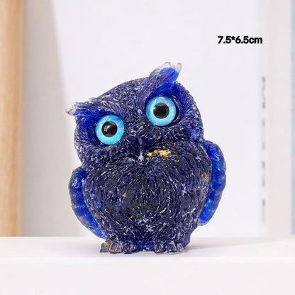 Natural Quartz Chip Resin Owl Figurine, Green/Blue/Yellow Desktop Home Decor – 7.5×6.5 cm & 4×5 cm
