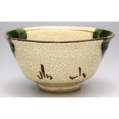Seto Ware "Kato Rokubei" Oribe Window-and-Crane Ceramic Rice Bowl & Teacup - Made in Japan