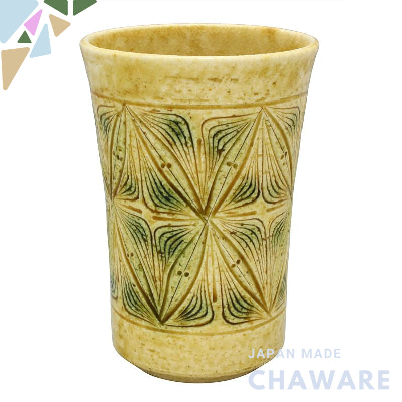 Kato Tosaburo Seto Ware Yellow Carved Diamond Pattern Tumbler 360ml Wooden Gift Box Made in Japan