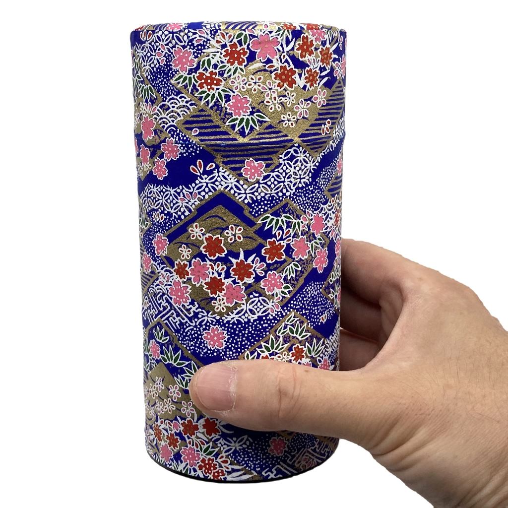 Noguchi Kumataro Tea Garden Large Capacity Tea Canister 200g with Inner Lid, Decorated with Yuzen Washi, Cherry Blossom Design, Stylish and Made in Japan