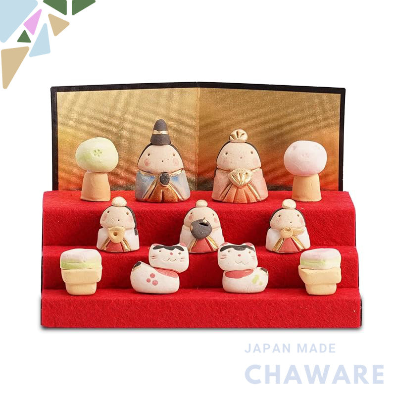 Fukubeya Seto-yaki Compact Three-Tier Mini Hina Doll Display with Gold Screen, Ceramic Made in Japan