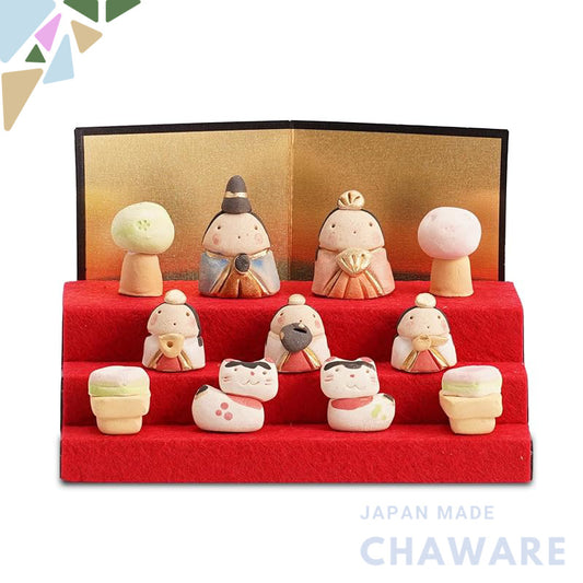 Fukubeya Seto-yaki Compact Three-Tier Mini Hina Doll Display with Gold Screen, Ceramic Made in Japan