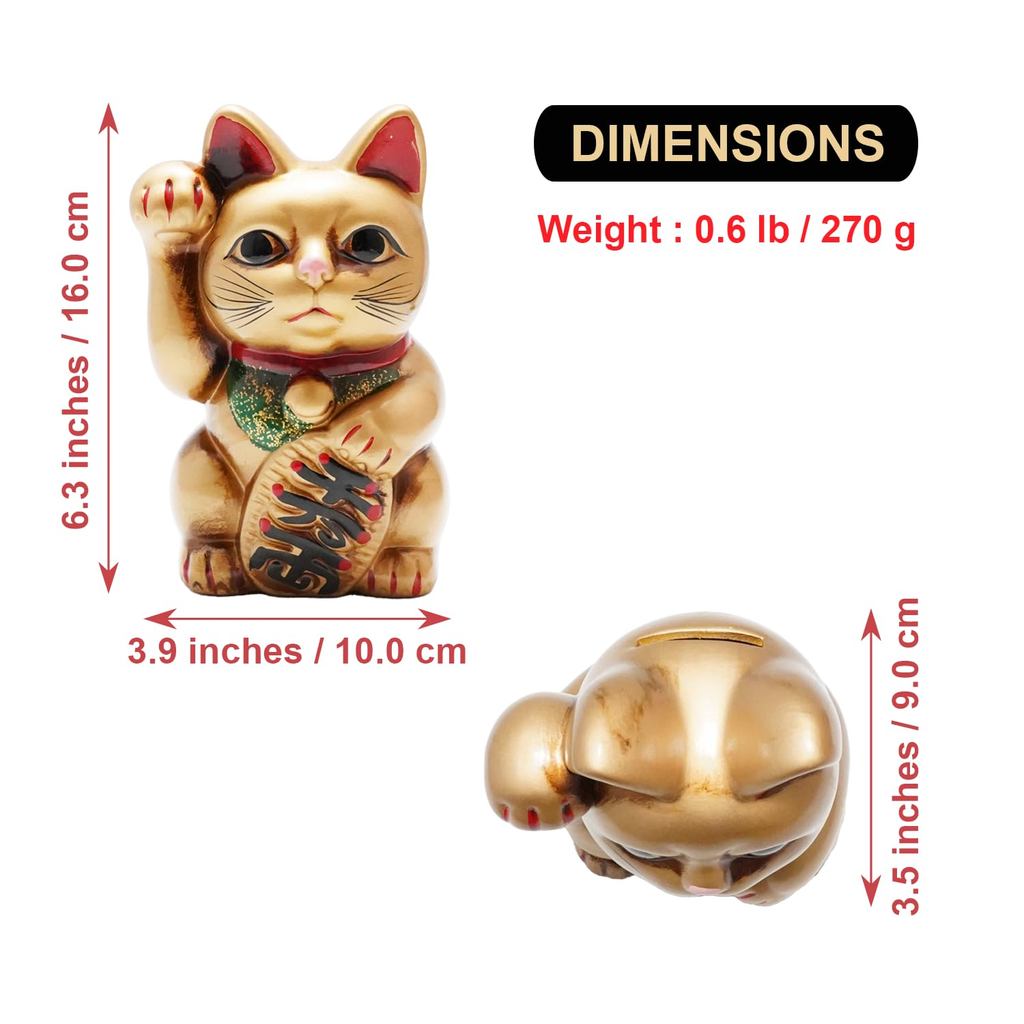 Seto-Yaki Hand-Painted Ceramic Maneki Neko Piggy Bank - 6.3-inch Japanese Lucky Cat Figurine for Home Decor, Good Fortune and Prosperity