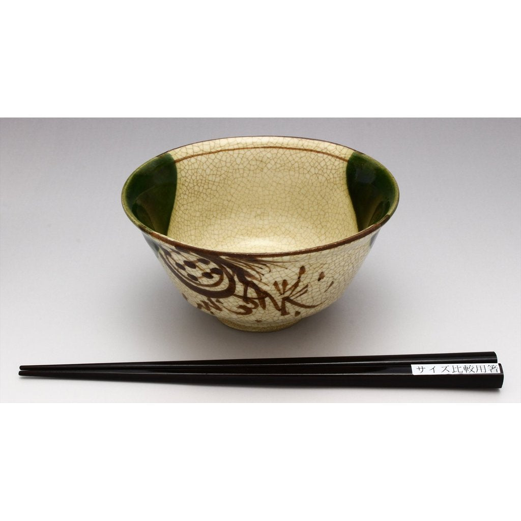 Seto Ware "Kato Rokubei" Oribe Window-and-Crane Ceramic Rice Bowl & Teacup - Made in Japan