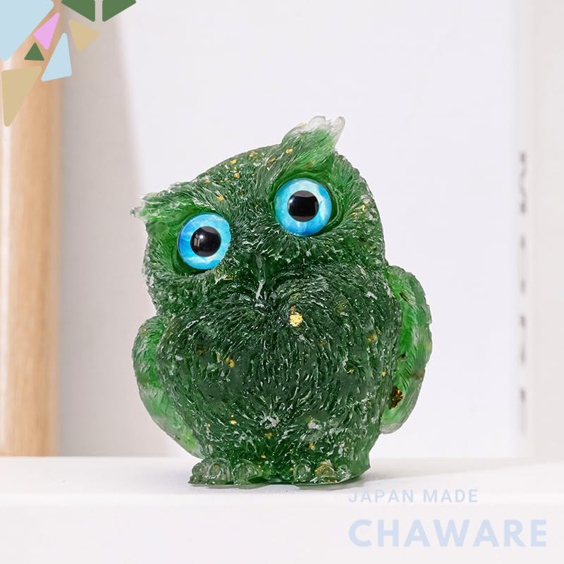 Natural Quartz Chip Resin Owl Figurine, Green/Blue/Yellow Desktop Home Décor – 7.5×6.5 cm & 4×5 cm