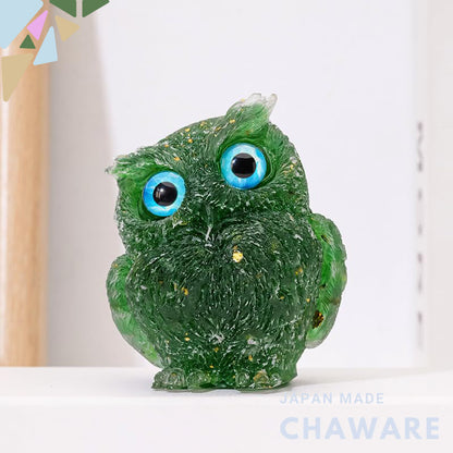 Natural Quartz Chip Resin Owl Figurine, Green/Blue/Yellow Desktop Home Décor – 7.5×6.5 cm & 4×5 cm
