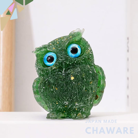 Natural Quartz Chip Resin Owl Figurine, Green/Blue/Yellow Desktop Home Décor – 7.5×6.5 cm & 4×5 cm