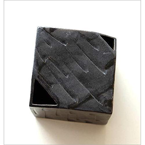 Japanese Seto-yaki Ceramic Flower Vase - Black Glaze Ribbed Cube Design, Made in Japan, Stylish