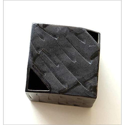 Japanese Seto-yaki Ceramic Flower Vase - Black Glaze Ribbed Cube Design, Made in Japan, Stylish