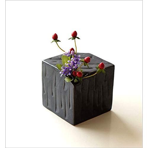 Japanese Seto-yaki Ceramic Flower Vase - Black Glaze Ribbed Cube Design, Made in Japan, Stylish