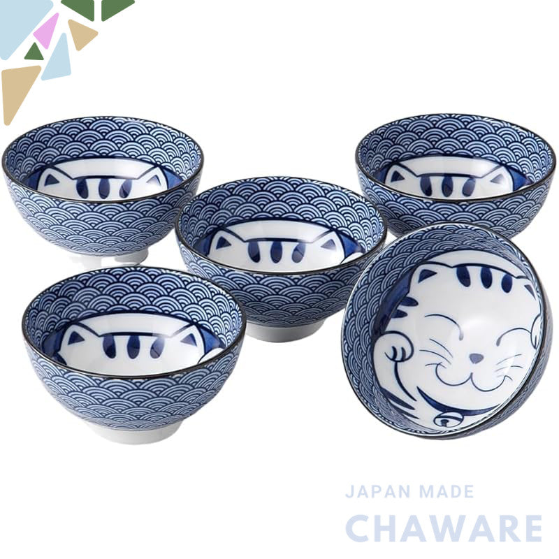 Ale-net 5pc Rice Bowls 11.7x6.3cm Seigaiha (Blue Wave) Cat Pattern Porcelain Mino-yaki Japan