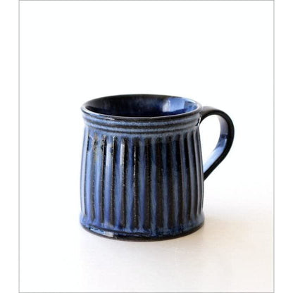 Small Seto-yaki Ceramic Mug, Japan-made, Ridged Glaze, Microwave & Dishwasher Safe, Blue Rococo