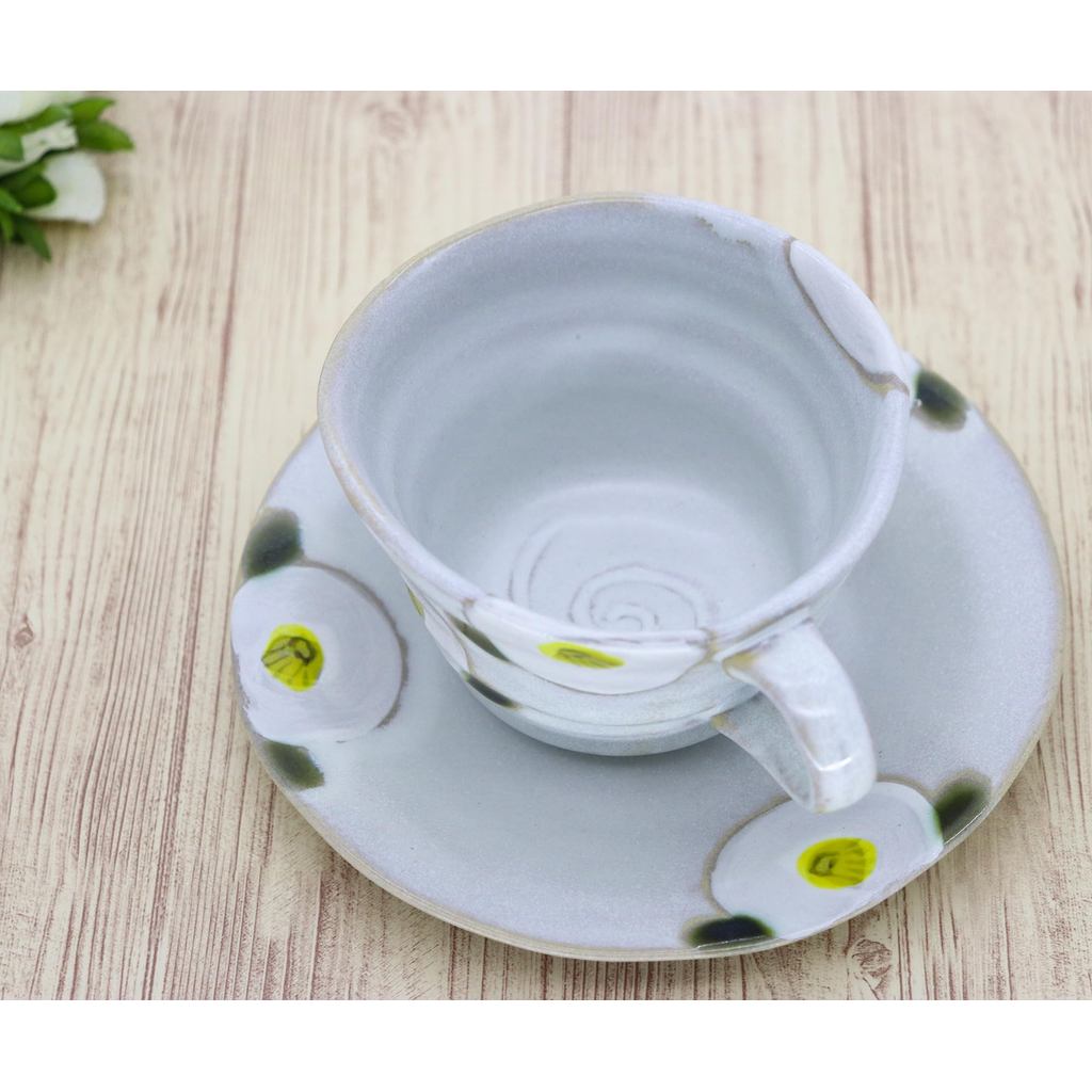 Craftsman House Seto-yaki Mug & Saucer Coffee Cup Set - White Camellia, Japanese Pottery