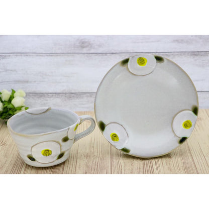 Craftsman House Seto-yaki Mug & Saucer Coffee Cup Set - White Camellia, Japanese Pottery